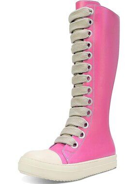 🆕Women's Rose Red Knee-High School Bicycling Boots Thick Laces Comfort